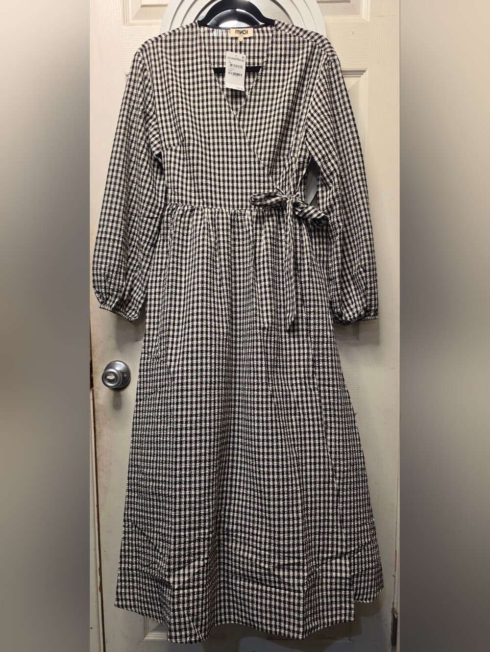 FRNCH Black and White Gingham Wrap Midi Dress